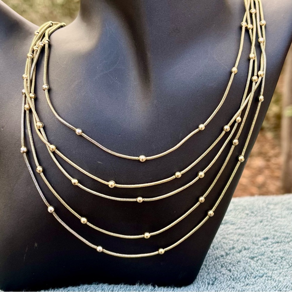 Vintage 5 strand gold tone graduated length snake chain necklace with beads